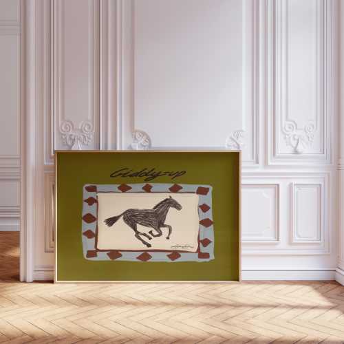 Horizontal Giddyup Horse Wall art print, Southwest Western Poster Cowboy Illustration