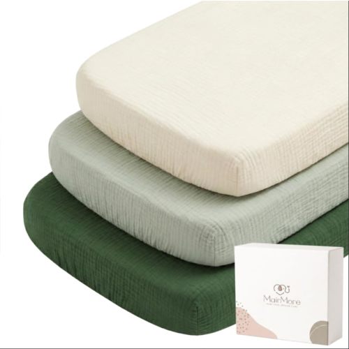 MairMore 3 Pack Muslin Baby Bassinet Sheets for Bedside Sleepers | Soft & Breathable, 100% Cotton, Full Elastic Fit, for Moses Basket, Oval Rectangle Pad and Mattress (Grass Green)