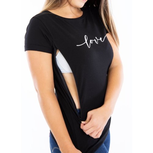 MILKY TEE® 'LOVE' NURSING T-SHIRT WITH DISCREET ZIPPERS - BLACK (Organ – The Milky Tee Company