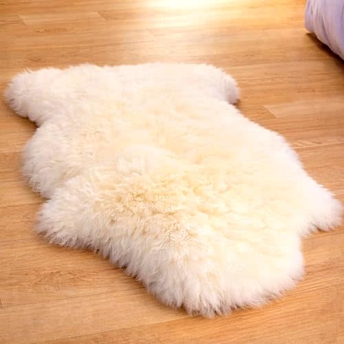 URBAN BUCK Sheepskin Natural Fluffy Fur Rug Genuine Single Pelt Luxury 2 x 3 Ivory White Sheep Skin Area Rug for Bedroom (24Inch x 36Inch, 60.96cm x 91.44cm)