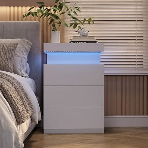 DUMOS White Nightstand with Charging Station & RGB LED Lights