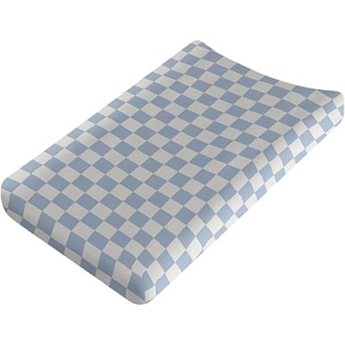 Blue Checkered Changing Pad Cover for Baby Girls Boys Cartoon Breathable Diaper Change Table Sheet Soft Stretchy Cute Change Table Mat Cover Fit 32x16