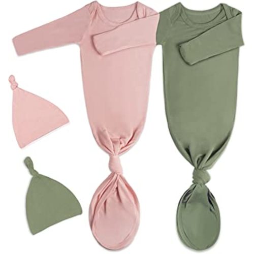 2Pk Newborn Baby Knotted Gown, Super Soft Silky Infant Long Sleeve Sleeper for Baby Sleeping with Hat or Headband (2 Packs)