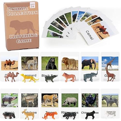 MEROCO Montessori Zoo Safari Animal Match - Miniature Figurines with 2 Part Matching Cards Montessori Language Materials Preschool Learning Toy NEWTT004