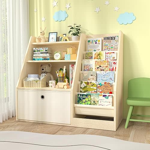 TOETOL Kids Bookshelf & Book Storage,6 Sling Wooden Toddler Book Shelf,3-Tier Wooden Open Bookcase & Storage Organizer Boxes for Nursery, Playroom, Bedroom