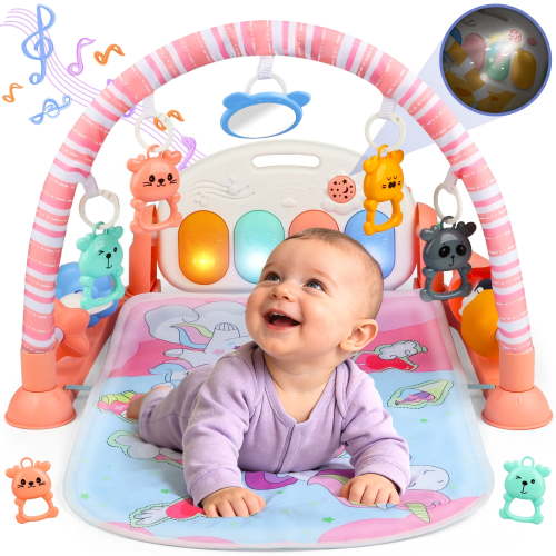 UUSUOO Baby Gym Play Mat,Baby Tummy Time Mat Musical Activity Center Play Piano Gym with 5 Sensory Toys,Music & Lights & Projection,Boys & Girls Gift for Newborns 0-3-6-9-12 Months