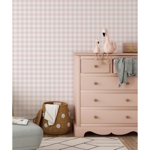 Checkered Pink Gingham Peel and Stick Soft Nursery Wallpaper – Removable Pink Kids Wall Mural