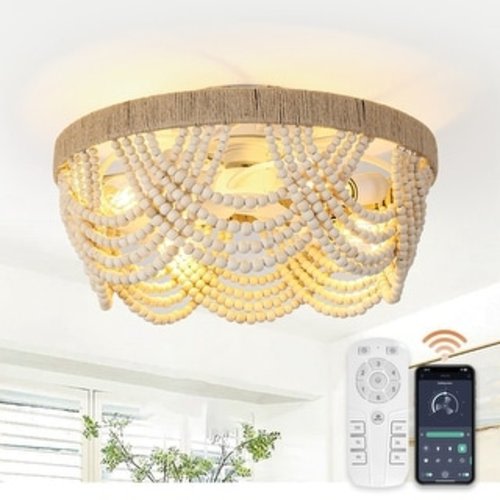 20" Bohemian Wood Beaded Beige Smart Ceiling Fan with Remote and Light, APP Control - 19.7" D x 19.7" W x 10.1" H