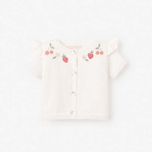 Strawberry Flutter Sleeve Hand-Embroidered Baby Cardigan WHITE / 6-9M