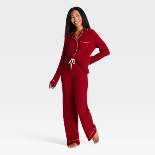 Women's Cozy Ribbed Notch Collar Long Sleeve Shirt and Pants Pajama Set - Auden™ Red XXL