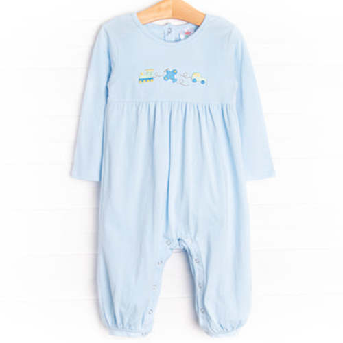 Travel Time Embroidered Romper, Blue – Stitchy Fish