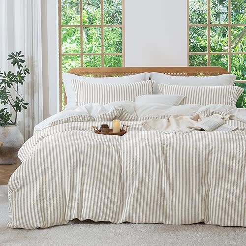 MILDLY Jacquard Stripe Duvet Cover - 100% Washed Cotton Light Khaki Boho Textured Comforter Cover 2pcs with Zipper Closure 68"x90"