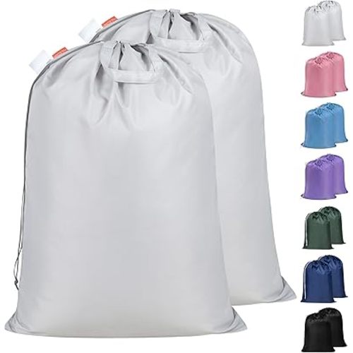 Polecasa Extra Heavy Duty Large Laundry Bag with Sturdy Handles and Drawstring Closure, 2 Pack 28 x 36 inches Durable Storage Bags for Basket, Hamper, College, Dorm, Travel, Silver