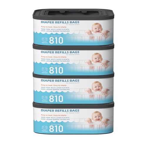 Jumbo Square Refills Disposal Bags Refill (Baby Powder Scent) Compatible with Diaper Genie Classic, Compact, Premier and Select Pails, Hold Up to 810 Newborn-Sized Diapers Per Refill, 4 Packs