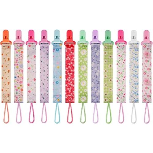12 Pack Pacifier Clips with Adjustable Strap (32-46.5cm)/Short Strap(25.5cm) - Premium Polyester Baby Pacifier Holder Set, Multi-Design Clips for Boys Girls (Multicolor L - Flower)