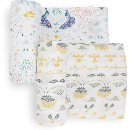 Little Unicorn Cotton Muslin Swaddle Blanket Set | Set of 2 | 100% Cotton | Super Soft | Newborns and Infants | Large 47 x 47 | Machine Washable (Peacock)