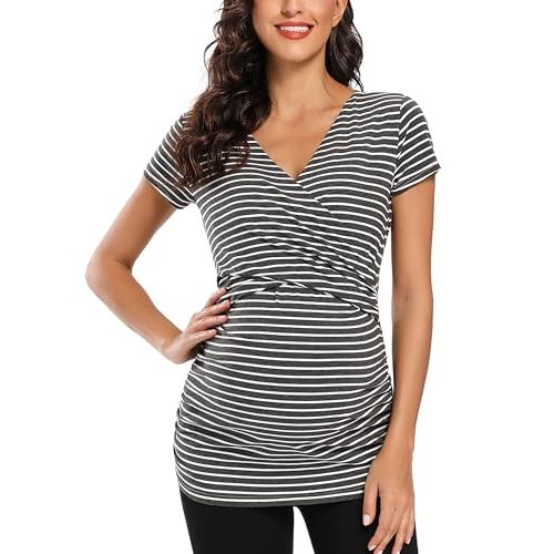 Glampunch Women's Maternity Nursing Tops Short Sleeve V Neck Breastfeeding Tee Shirts Pregnancy Tops