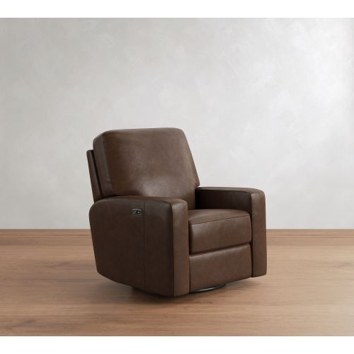 PB Comfort Square Arm Leather Power Swivel Glider Recliner, Box Edge Polyester Wrapped Cushions, Statesville Molasses