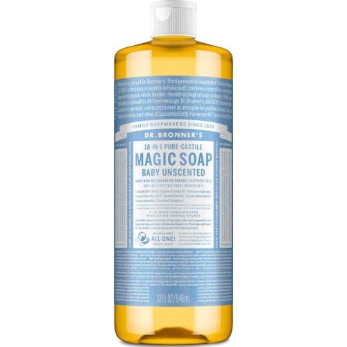 Dr. Bronner's Baby Unscented Pure-Castile Liquid Soap, 32 oz | Baby Wash, Hand Soap Refill, Body Wash for Sensitive Skin, Dish Soap, Fragrance Free, Organic Oils
