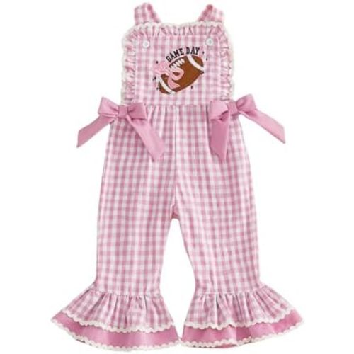Toddler Football Outfits Baby Girl Game Day Bell Bottom Overalls Ruffle Hem Adjustable Belts Cute Fall clothes