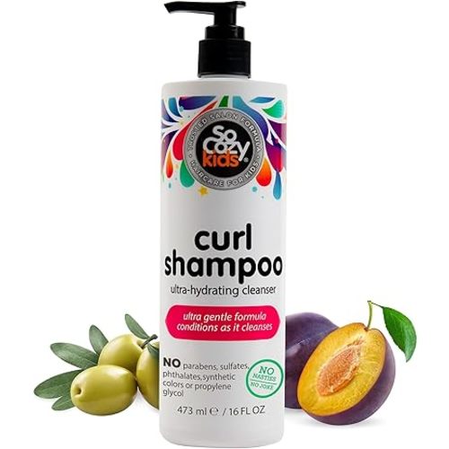 SoCozy Curl Shampoo for Kids Curly Hair (16 Fl Oz Pump) Gentle Hydrating Cleanser, Helps Improve Elasticity, Reduce Breakage & Frizz with Keratin, Plum Seed Oil & Olive Oil, Paraben & Sulfate-Free