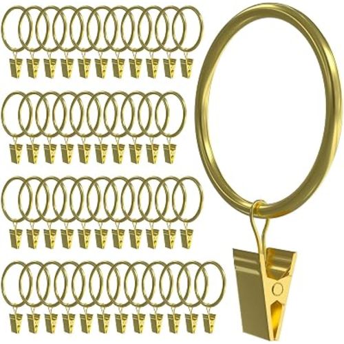 44 Pack Gold Curtain Rings with Clips, Curtain Clip Rings Hooks for Bedroom, Bathroom, Kitchen, 1.26" Interior Diameter, Fits up to 1" Rods