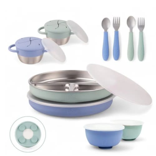 Stainless Steel Mealtime Bundle | Plates, Bowls, Snack Cups + Toddler Utensils | Suction Sleeves | Sage/MistyBlue