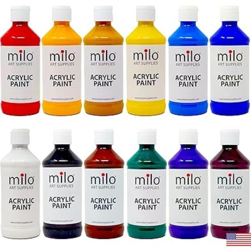 milo Acrylic Paint Set of 12 Colors | 8 oz Bottles | Student Primary Colors Acrylics Painting Pack | Made in the USA | Non-Toxic Art & Craft Paints for Artists, Kids, & Hobby Painters