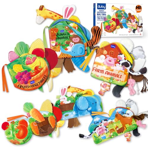 auby Baby Cloth Books - 3 Pack Soft Fabric Books for Babies with Crinkle Sound, Tactile Tails & Montessori Toys, Machine Washable