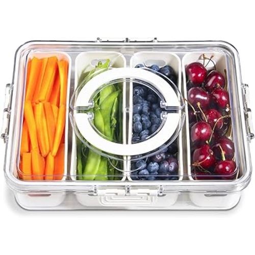 Portable Fruit Storage Containers for Fridge, 4 Compartments Snack Box Container, BPA-Free Divided Serving Tray with Lid for Veggie, Clear Snack Tray Candy Tray