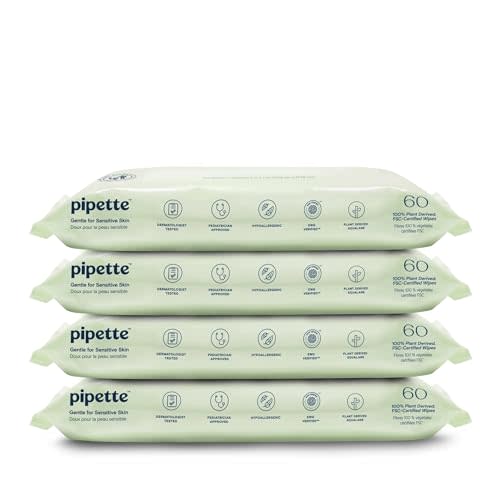 Pipette Water-Based Baby Wipes, 240 Count (Pack of 4), Fragrance‑Free & Gentle, Made with 100% Plant‑Derived Fibers, Squalane‑Infused for Soft, Moisturized Skin