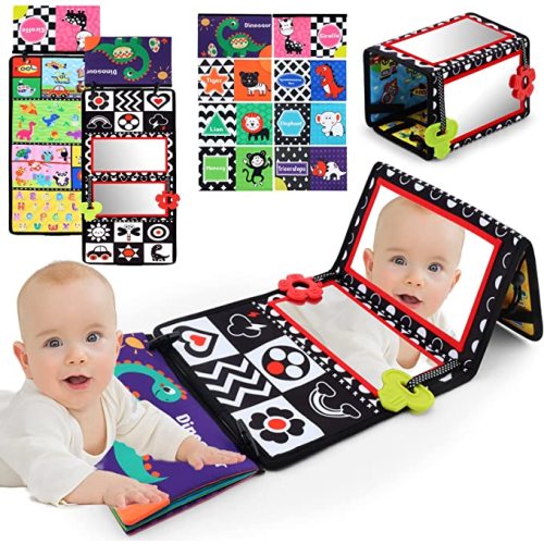 Tummy Time Floor Mirror with Crinkle Cloth Book and Teethers, Double-sided Baby Mirror Black and White High Contrast Baby Toys, Folding Crawling Activity Mat for Infants 3 6 12 Months (B-Mirror+Book)