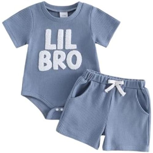 MERSARIPHY Baby Boy Clothes Little Brother Newborn Outfit Summer Letter Embroidery Waffle Knit Short Sleeve Romper Shorts Set