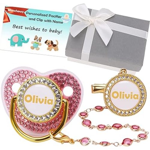 Custom Pacifier with Name, Bling Personalized Pacifier Set with Gift Box, Glitter Crystal Luxurious Soother Dummy Ideal Gift for Boys Baby Shower(Pink)