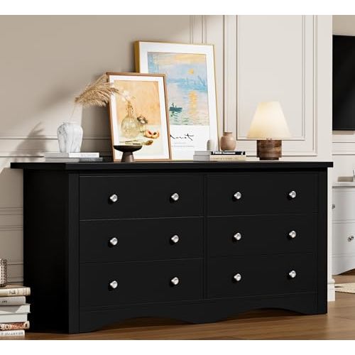Flamaker Dresser for Bedroom, 6 Drawer Dresser, Wood Dressers, Wide Chest of Drawer, Storage Drawers, Storage Organizer for Closet, Hallway (Black)