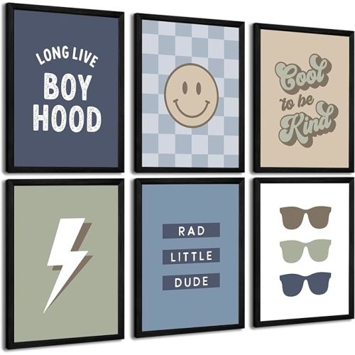 Boy Nursery Wall Art Decor Toddler Baby Boy Room Canvas Pictures Blue Cool Nursery Poster Teen Playroom Prints Long Live Boyhood Artwork for Kids Bedroom 8x10 Inch Black Wood Framed Set of 6