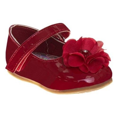 Josmo Infant Girls Hook and Loop Faux Leather Flat Heel Dress Shoes with Flower Ornament, Red Patent, 2