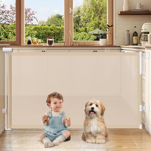 Retractable Baby Gates for Doorways, 58" Extra Wide Mesh Child Dog Gate for Stairs, 34" Tall Toddler Pet Gate Indoor and Outdoor, Easy Install, Home Necessity, Beige