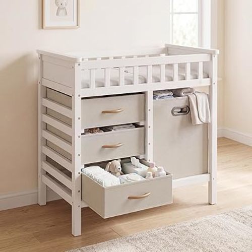 INFANS Wooden Baby Changing Table with Comfy Changing Pad, 3 Fabric Drawers, Laundry Hamper, Safety Belt, Diaper Station Dresser for Nursery Infant (White)