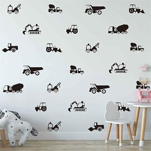 Construction Vehicles Wall Stickers The Builder Collection Tractor Excavator Cars Nursery Decals Baby Decor YT5319 (Black)
