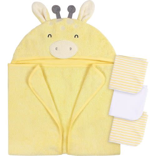 Gerber Baby 4 Piece Animal Character Hooded Towel and Washcloth Set, Yellow Giraffe, One Size