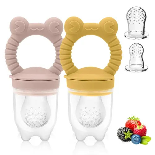 Baby Solids/Frozen Fruit Feeder Pacifier, Infant Teether Toy 4M+, BPA-Free Silicone Pouch & Nipple, Safely Introduce Solids, Teething Relief, 2-Pack - Pink/Yellow (Frog)