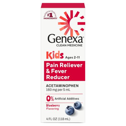 Genexa Children's Acetaminophen Made Clean, Fever Reducer for Kids, 4 fl oz | Pediatrician Preferred Ingredients, Dye Free, 0% Artificial Additives, Pain & Fever Reducer, 160mg/5mL, Ages 2-11, Blueberry