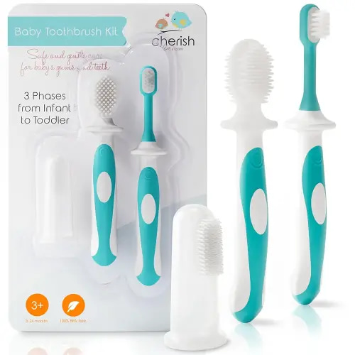 Cherish Baby Care Toothbrush Set (3-24 Months) - 3-Pack Finger, Training & Toddler Toothbrushes, BPA-Free, Newborn Essentials