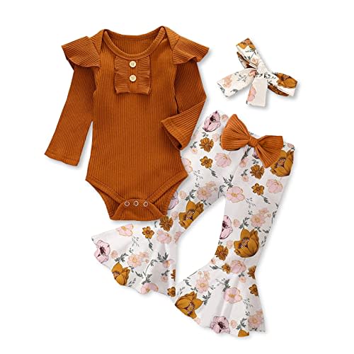 Kislio Newborn Baby Girls Clothes Ribbed Ruffled Romper+Floral Pants+Headband Infant Outfit Set