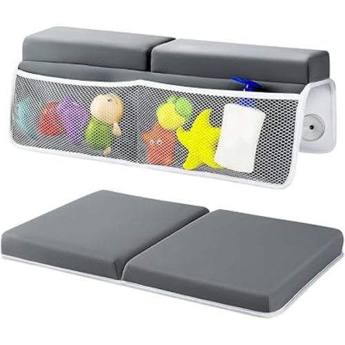 SKEFOLI Baby Bath Kneeler and Elbow Rest Pad Set,1.5" Thick Baby Bath Kneeler Pads with Toys Organizer, Pads to Support The Arm, Essentials, Ideal Kneeling Pad for Bathing（Grey）