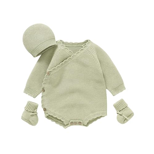 Unisex Baby 3 Piece Sweater Set Cotton Knit Romper with Hat and Booties, Long Sleeve Outfit Newborn Infant Clothes