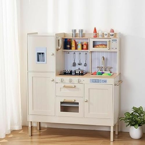 Arlopu Play Kitchen for Kids, Wooden Toy Toddler Kitchen Sets, Pretend Cooking Playset with Storage & Accessories, Realistic Light & Sound, Stove, Fridge, Microwave, Removable Sink (Beige)