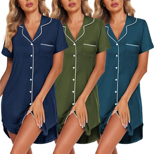 Ekouaer 3 Pack Women's Nightgown Button Down Sleepshirts Short Sleeve Nightshirts for Women Sleepwear V Neck Sleep Dress