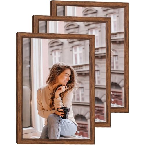 3 Pack 12x16 Wood Picture Frame Brown, Rustic Natural 16x12in frame Woodgrain, Distressed Brown 12 x 16 in Wall Photo Poster Frame with HD Plexiglass, Horizontal Vertical Wall Mounting Set of 3